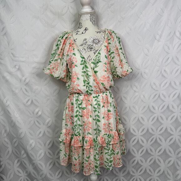VICI Floral Chiffon Puff Sleeve Mini Dress Size M - Picture 3 of 10